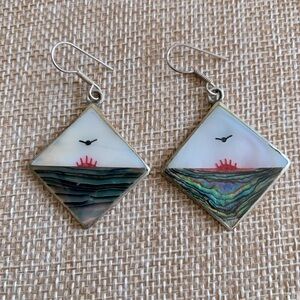 Mexico Alpaca Abalone Mother Of Pearl Sunset Bird Scene Dangle Earrings